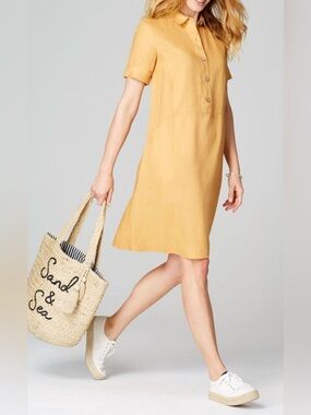 J.Jill Love Linen 100% Linen Mustard Yellow Shirt Dress Size M Tall